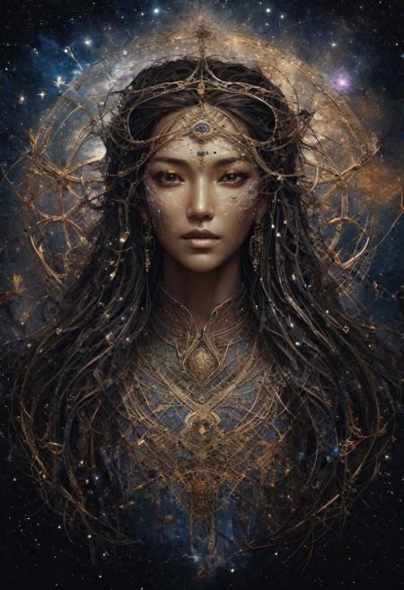 Goddess of Destiny, she stands at the crossroads of fate, skin bearing the marks of intertwined destinies. Eyes, filled with the wisdom of foresight, see the threads of destiny woven through time. Celestial constellations and cosmic symbols adorn her hair, mapping the paths of stars and souls alike. With each guiding hand, she shapes the course of fate, weaving the tapestry of destiny with infinite possibilities, BadDream