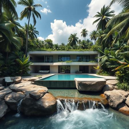 A futuristic concrete brutalist modern house with swimingpool on a waterfall inspired from a famous architect, with exotic luxuriant vegetation around, in a tropical jungle setting, near a beach, photorealistic, a masterpiece, 4K, high details, view from close, wide lenses camera