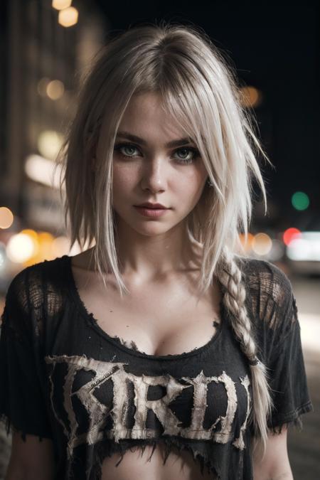 Pale woman wearing shredded grunge shirt, dark messy hair, staring at viewer, perfect quality, sharp focus, shallow depth of field, 8k, flash photography, dread in eyes