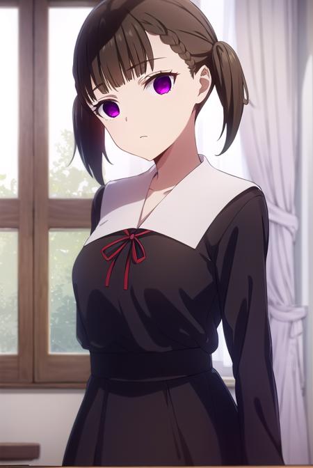 maki shijou, bangs, blunt bangs, (purple eyes:1.1), twintails, two side up, braid, short twintails, brown hair, long sleeves, dress, ribbon, school uniform, black dress, red ribbon, neck ribbon, collared dress, shuuchiin academy school uniform,