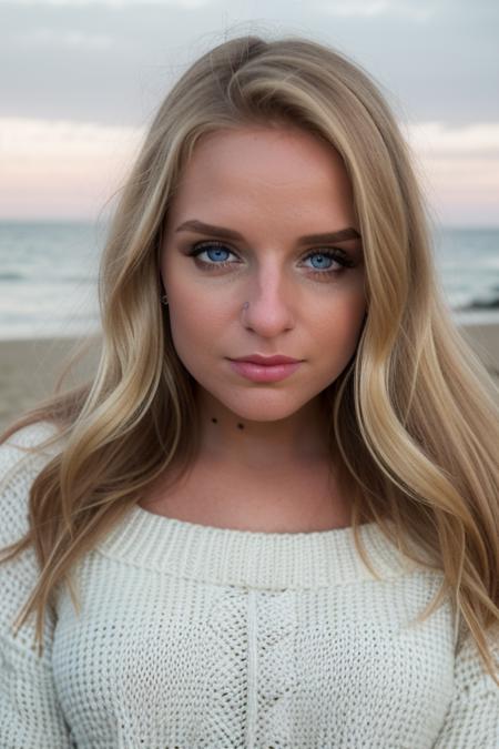 RAW, s0f1g, perfect face, stunning eyes, upper body, blonde, stunning white knitted sweater, on the beach at night, people in the background, candid, 8k uhd