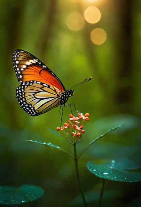 Create an awe-inspiring masterpiece of extraordinary quality, showcasing hyper-detailed and ultra-high-definition imagery with a remarkable depth of field. Visualize a scene set in a magical forest at night, where the air is filled with a gentle fog. Amidst this enchanting setting, focus on a stunningly detailed butterfly, with wings that have an intricate pattern, as it gently parks itself on a vibrant red floret.The surrounding forest is alive with the soft glow of fireflies, adding a magical ambiance. On one side of the scene, there's a mysterious darkness, contrasting with the glowing elements around. Pay special attention to the lighting, with dazzling light effects set at a 1.2 intensity, casting ethereal reflections and creating a mystical atmosphere.The butterfly, along with the floret and nearby foliage, should have transparent and polished textures, reminiscent of the rare and beautiful ral-ntrgmstn mineral. These elements should gleam subtly in the ambient light. Additionally, capture the fresh essence of the forest right after a rain, with tiny, glistening water droplets delicately clinging to the butterfly and the petals of the floret, reflecting the surrounding magical lights.
The overall image should be a breathtaking blend of realism and fantasy, with vibrant colors and intricate details that bring this magical, nocturnal forest scene to life