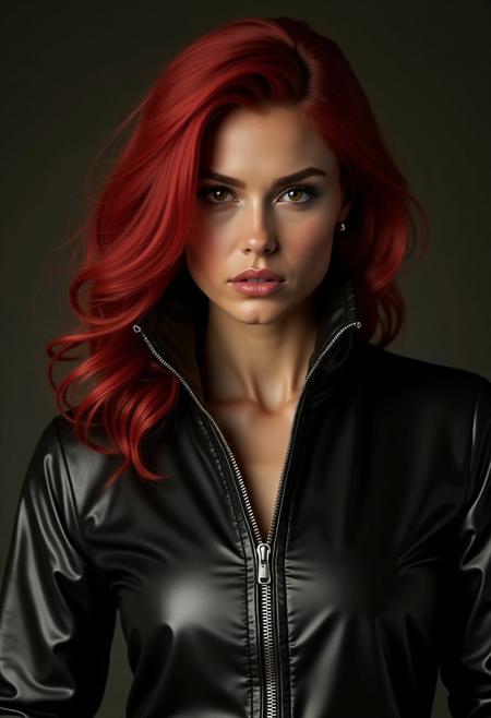 realistic photorealistic photo, masterpiece, a 40yo woman wearing a shiny jacket with a zipper and is about to unzip it. red glossy hair and serious look