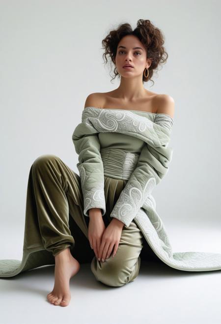 The image is a high-resolution photograph featuring a woman posing indoors against a plain white background. She is seated on the floor with her legs bent and knees tucked under her, giving a low-angle view of her upper body. The woman has a medium complexion and dark, curly hair styled in a loose, casual updo. She is wearing a striking, luxurious, and ornate purple velvet coat with intricate white paisley patterns embroidered on the sleeves and body. The image is a high-resolution photograph of a young woman standing against a plain, light grey background. She is dressed in an avant-garde, layered outfit that appears to be a coat and pants made of a combination of soft, quilted fabric in various shades of light green and white. The coat and pants are constructed from numerous, irregularly shaped, quilted panels that create a geometric pattern, resembling a patchwork design. This photograph captures a stylish, poised individual standing in a modern, minimalist living space. The subject is a person with a slender build, dressed in a sophisticated, eclectic outfit. They wear a long-sleeve, off-the-shoulder top in a muted olive green color, paired with a matching, voluminous, ruched skirt that cinches at the waist. The skirt's ruching creates a textured, gathered effect, adding depth and movement to the garment.