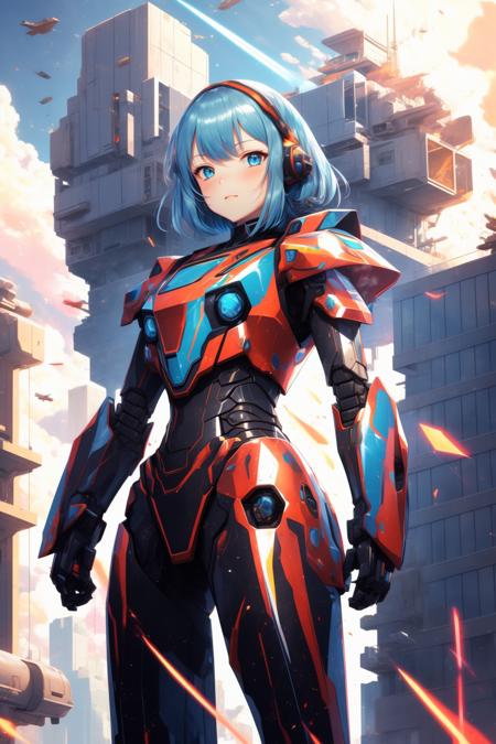 holographic, detailed, <lora:Holographic-V1-000020:1>, masterpiece, best quality, mecha, no humans, black armor, blue eyes, science fiction, fire, laser canon beam, war, conflict, destroyed city background