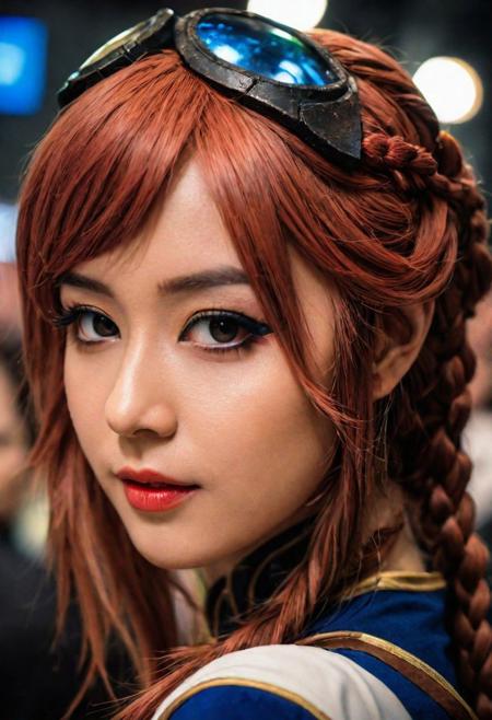 portrait of a sexy cosplay, macro close-up shot, at the cosplay convention, view from behind, selfie, depth map, dark palette, highly professional, dramatic lighting, extremely beautiful, (intricate details, masterpiece, best quality:1.4), Cinematic film still, shallow depth of field, highly detailed, high budget, bokeh, cinemascope, epic, gorgeous, looking at viewer, dynamic pose