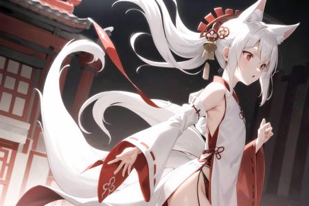 front view,(black and white:1.2), partially colored, motion picture,shrine,red wood wall,(profile:1.1), red object on hand, 1girl,solo,red eyes,light eyes,white hair,(flat chest:1.2),(hanfu,detached sleeves,side slit:1.4),(nine white tails:1.45),(white fox ears:1.2),([red bow hair ornament:red ribbon:0.5]:1.2),(masterpiece, best quality, detailed:1.4), (extremely detailed 8K game cg wallpaper:1.1), (an extremely delicate and beautiful)