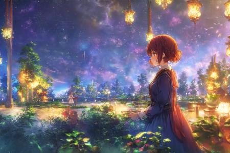 (masterpiece,best quality:1.6), scenery, extremely detailed, detailed background, anime, 1girl, young girl, short girl, sci-fi, science fiction, outdoors, night, starry sky, greenhouse, megastructure, bio-dome, landscape, scenery, horizon, rooftop, sitting on rooftop, wind, looking away, atmospheric lighting, solo focus, close up, from side, depth of field, bokeh, <lora:VioletEvergarden-000006:0.7>,