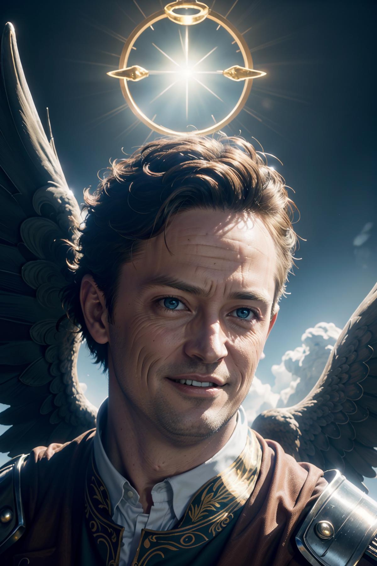 A man with a halo and angel wings smiling at the camera.