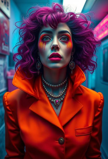 A mysterious, otherworldly figure, 
vibrant documentary realism, surreal fashion portraiture, exaggerated saturated colors, cinematic and dreamlike lighting, mundane scenes with glamorous details, offbeat and humorous elegance, flash-heavy hyper-real aesthetic, sculptural poses, social critique meets surreal beauty