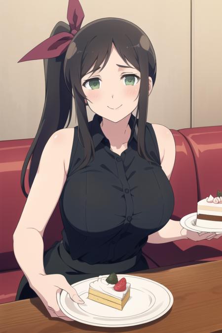 masterpiece, best quality, 1girl, murakumo \(senran kagura\), senran kagura, long hair, sidelocks, brown hair, black hair, parted bangs, ponytail, side ponytail, hair ribbon, pink ribbon, green eyes, breasts, large breasts, huge breasts, facing viewer, looking at viewer, pov, happy, blush, smile, shirt, black shirt, collared shirt, sleeveless, bare shoulders, solo, solo focus, indoors, cafe, sitting, couch, on couch, table, food, food on plate, cake, cake slice, strawberry shortcake, dated, simple background,