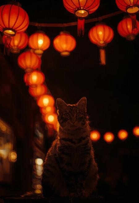 (Soft Lighting Photography by Mimoza Veliu and Mario Giacomelli:1.2), NSFW, A warm, ethereal glow, as if time itself has paused to capture the quiet beauty of the moment. A cat sitting at the center of the frame, her presence contemplative. The night envelops her, but the darkness is not oppressive; 
Above, a series of red lanterns hang suspended on delicate strings, their soft light casting an amber hue over the entire scene. These lanterns are not merely decorative; they seem to pulse with life, their illumination creating a sense of warmth and intimacy, hinting at a cultural or thematic connection, 
The cat gazes directly into the camera, her eyes conveying a mix of curiosity and introspection, as though she is pondering something profound or simply lost in the beauty of the moment.
The background is shrouded in shadow, drawing all attention to the subject and the glowing lanterns above. The darkness beyond hints at a larger settingâperhaps a festival, a market, or an outdoor gathering but the details remain obscured, leaving the viewer to imagine the context. The interplay between light and shadow creates a dramatic contrast, emphasizing the woman's features and the vivid colors of the lanterns.