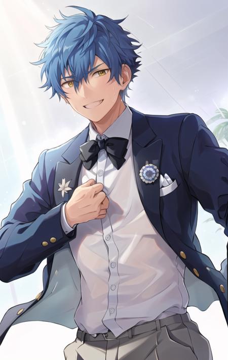 1boy, blue_hair, yellow eyes, smile, hair_between_eyes, looking_at_viewer, male_focus,(sweat),big aqua eyes, upper body,male_focus, solo,collared_shirt, jacket, striped, bulge, looking_at_viewer, male_focus,bow, bowtie, looking_at_viewer, male_focus, shirt,(((solo))),(Eachcolorblockisclearlydistinguished:1.1),city_lights,sweat on body,lapels,(god rays), (solo), (ray tracing), (god rays)