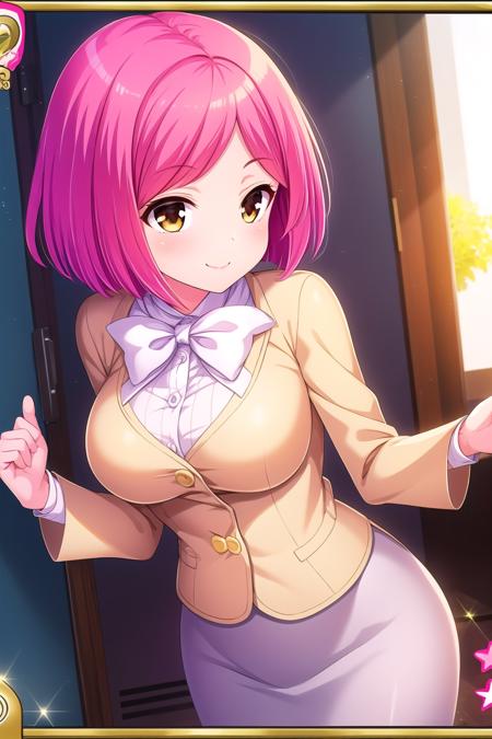 (masterpiece, best quality), highly detailed background, perfect lightingbest quality, tachibanakyouko, solo, pink hair, short hair, brown eyes, yellow eyes, large breasts, dress, black jacket, jacket, white shirt, shirt, white bowtie, skirt suit, suit, pencil skirt, skirt, smile, closed mouth, pink lips, <lora:Tachibana-Kyouko:0.7>