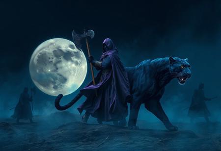 1. "Capture the Sacred Knight's Spearholder on a Shadow Moon, dressed in a full-body purple cloak, wielding an axe, and accompanied by a blue panther. Use micro details, lifelike details, and the golden ratio to create a highly detailed, 8k image with a dark blue misty background. Cinematic lighting and dark figures walking in the background will add to the atmosphere."
2. "Create a high-concept art piece featuring the Sacred Knight's Spearholder on a Shadow Moon, dressed in a full-body purple cloak and wielding an axe. Include a shepherd's crook, a forged sword, and the blue panther. Use micro details, lifelike details, and the golden ratio to create a highly detailed, hyper-realistic, 8k image with intricate jewelry and symmetrical compositions. Add cinematic lighting and dynamic, ambient, and volumetric lighting to enhance the mood."
3. "Design a detailed, 8k, HD, realistic illustration of the Sacred Knight's Spear