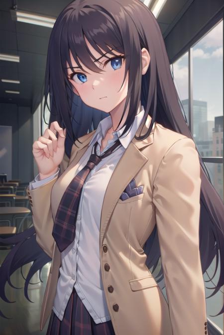 senaaoi, <lora:senaaoitest:1>,
sena aoi, long hair, blue eyes, black hair, slanted eyes, narrows, angry,
BREAK skirt, school uniform, jacket, necktie, plaid, plaid skirt, blazer, (brown blazer:1.2), (brown jacket:1.2),
BREAK looking at viewer,
BREAK indoors, classroom,
BREAK <lora:GoodHands-vanilla:1>, (masterpiece:1.2), best quality, high resolution, unity 8k wallpaper, (illustration:0.8), (beautiful detailed eyes:1.6), extremely detailed face, perfect lighting, extremely detailed CG, (perfect hands, perfect anatomy),