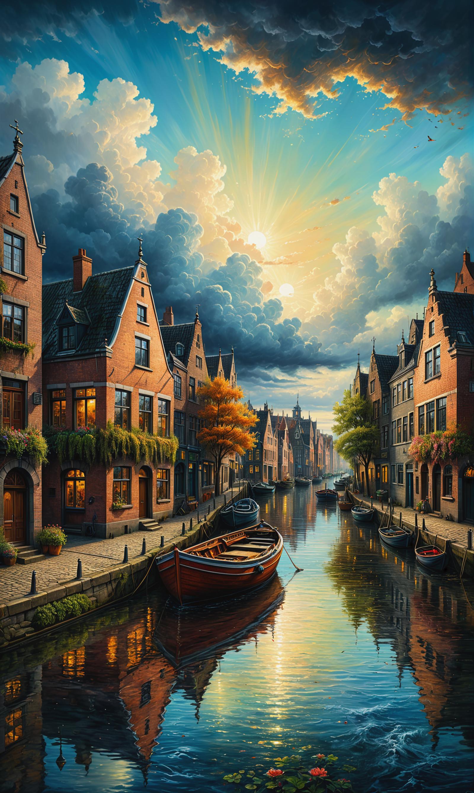 A painting of a charming European canal town with a sunlit sky, multiple boats, and beautiful architecture.