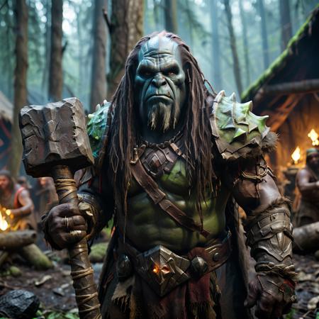 highly detailed portrait photo of a (ogre shaman):1.2  in a primitive camp in the forest.

ogre shaman, solo, long hair, weapon, male focus, sword, armor, colored skin, realistic, hammer, torch,

performing magic in a primitive forest encampment,

depth of field:1.2, blurry, blurry background,
realistic:1.3,

photorealistic,
fantasy, cinematic,
32k, best quality, 


shadow play:1.1,




