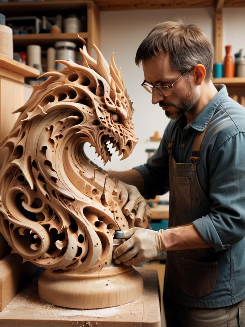 A man in glasses carving a wooden dragon.
