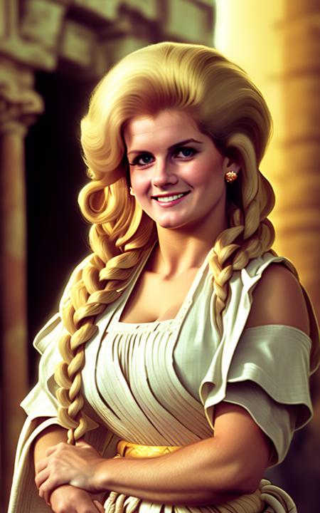 a color photo of very busty RHillcrest with (((blonde braided roman hair style))), ((wearing a roman toga)), ((standing outside at night in ancient rome)), smiling, sandals, full shot, full body, soft light, extremely detailed, 8k, trending on ArtStation, Intricate, High Detail, Sharp focus, modelshot