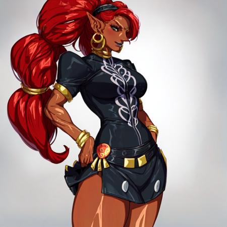 masterpiece, high quality, highres, detailed face, full_body of Urbosa <lora:urbosa:1> (dark skin:1.3), red hair, sharp features, BREAK (((business suit jacket and black tights and dark blue skirt))), ((hair in bun)), wearing glasses, unbuttoned white shirt sfw