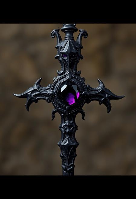 A Highly Detailed Ancient  Black Scary Looking Scepter With A Dark Purple Gem embedded in it