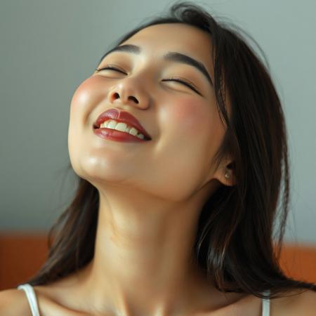 Beautiful Asian woman with nostrils wide, face flushed, mouth slightly open, head tilted back a bit, eyes half closed, pleased, aroused, head shot