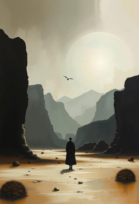 surreal minimalist figures in vast expressive landscapes, bold painterly textures blending into negative space illusions, muted earthy color palettes with luminous highlights, poetic storytelling meets conceptual mystery, haunting yet dreamlike atmosphere