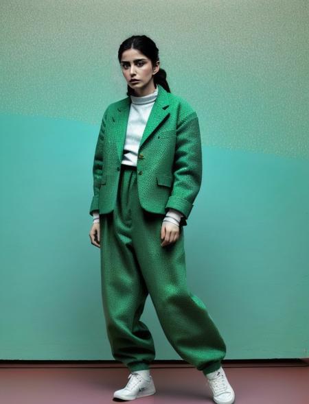 photo of a Golden ratio, Intensive Croatian (ozge_gurel:1.1) , wearing Infused Sisal Mint green Snow pants, French twist hair, dense street, Movie still, film grain, Nikon d3300, L USM, fluorescent green paint splotches, (art by David Goldblatt:1.0) , (art by Sergio Larran:1.0) , <lora:ozge_gurel-000006:0.8>