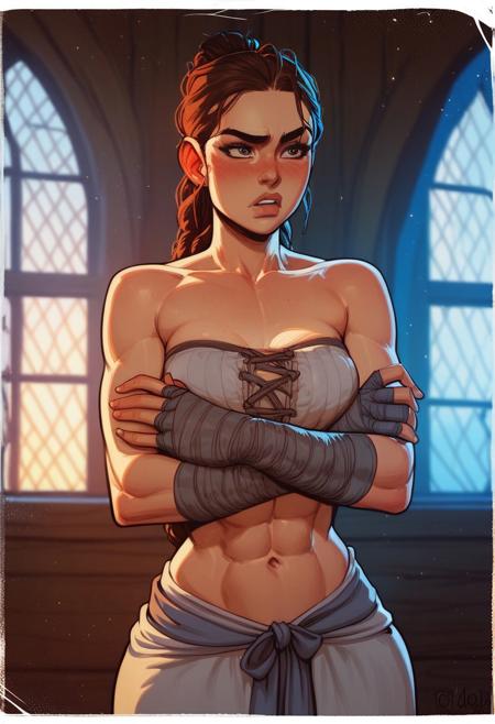 score_9, score_8_up, score_8, score_7_up, score_7, score_6_up, score_6, score_5_up, beautiful brunette, long straight hair tied into a ponytail, medieval dress, hands wrapped, boxing hand wraps, midriff, ( flat stomach, abs, narrow hips):1.4, inside cozy medieval cabin, soft lighting, determined expression, blush, vox machine style, 1girl, female focus, solo, close up portrait , fantasy, moon, moon light, night background, (dynamic lighting:1.1)
((masterpiece))