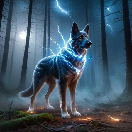 Huge dog. Electricity. Electric eyes. A steel-gray German Shepherd stands alert in a misty forest at twilight, its wiry fur crackling with arcs of blue-white electricity. Its eyes sparking like lightning cores, casting stark, jagged shadows through the trees. Static energy dances across its coat, illuminating the fog with sporadic flashes. The ground beneath its paws smolders, leaving faint charred marks where it steps. A braided copper collar with a lightning bolt emblem sparks at its neck, and the air buzzes with ozone. Behind it, ancient stone ruins and gnarled trees are starkly lit by its erratic energy, fog ionizing into eerie veils of mist.. greg rutkowski, ral-mythcr, composed of elements of thunder，thunder，electricity