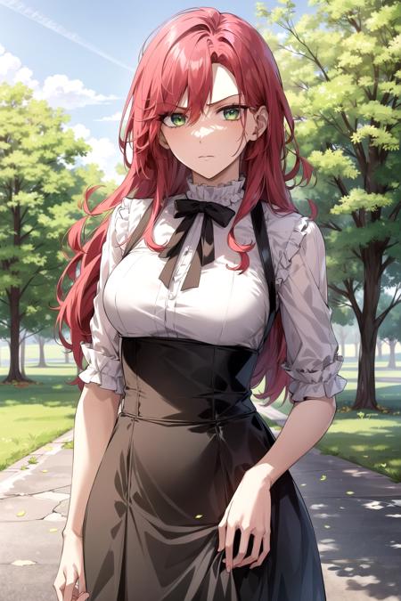 amy, long hair, red hair, green eyes, suit with long skirt, white shirt