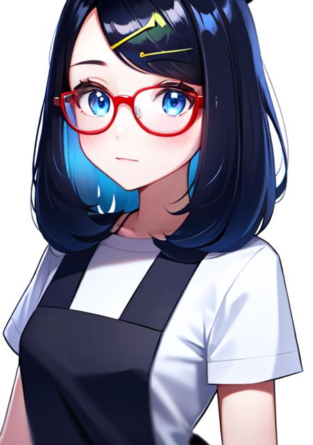 <lora:liko:0.6>,liko, 1girl, solo, looking at viewer, blush, bangs, blue eyes, skirt, simple background, shirt, black hair, hair ornament, white background, closed mouth, blue hair, white shirt, upper body, short sleeves, multicolored hair, glasses, hairclip, hand up, nail polish, swept bangs, ?, red nails, red-framed eyewear