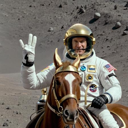 sweeping cinnematic shot of an astronaut wearing gold visor helmen raising shockr hand sign while riding a horse across the moon,directed by Steven Spielberg,masterpiece,8k,hd,<lora:shocker_xl:1>,
