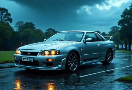 1 car, Nissan skyline, silver car with blue elements, glimmers, 
outdoors, black sky, total rain,taнphoon, cloud-burst, it so dark that you can only see a car with its lights and rain poring,
, tearStyle2,
from front and side, 3/4 angle,
harsh shadows, warm light,, 
rp_slgd,
,sfw, rating_safe:, 
advntr, ,