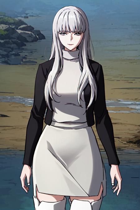 (best quality) , (highly detailed) ,masterpiece ,absurdres ,detailed face ,beautiful face ,(detailed eyes, deep eyes, anime eyes) ,1girl , solo,
Posing with arms folded,
003, grey eyes, grey hair, white hair, long hair, jacket, sweater, black jacket, turtleneck, very long sweater dress, long sweater, (white slit long skirt:1.2),  turtleneck sweater, (white knee boots:1.3), slight smile, <lora:003V1:0.8>