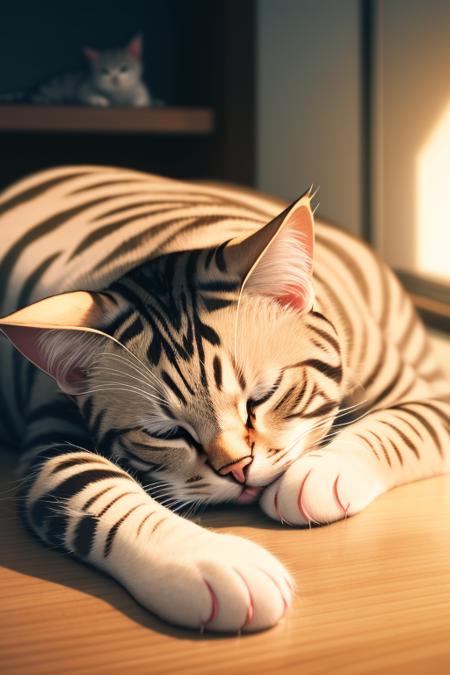 cat, highly detailed, laying on a desk, soft lighting, sleeping, animal,