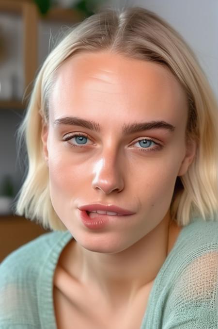 portrait photo of an 20 years old european blonde haired woman sitting in living room, (biting her lips), (winks with one eye at viewer), 8k, uhd, realistic, detailed skin, insane detailed,  <lora:makeup_050_cosine_iter2_ 0012_sdxl_10epoches_adafactor-step00006200:1>