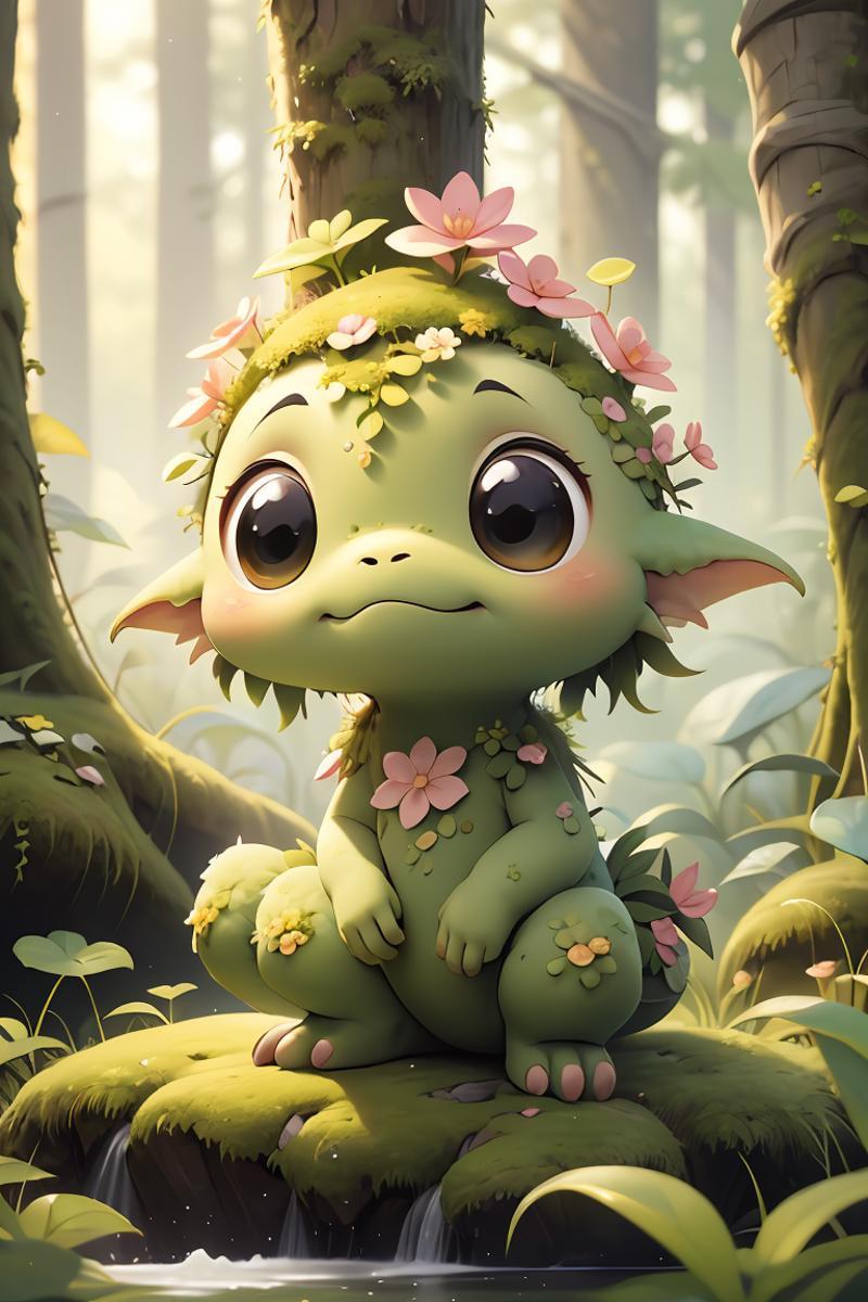 A cute and colorful cartoon character, possibly from the movie Trolls, sits in a forest setting.