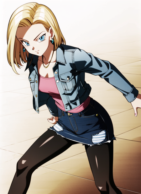 dbsuper style, 
android18, 1girl, blonde hair, blue eyes,  denim, denim jacket, denim skirt, denim vest, earrings, jacket, jeans, jewelry, pants, pantyhose, skirt, solo, striped sleeves
, ((masterpiece)) 
<lora:dbsuper_style_offset:1>