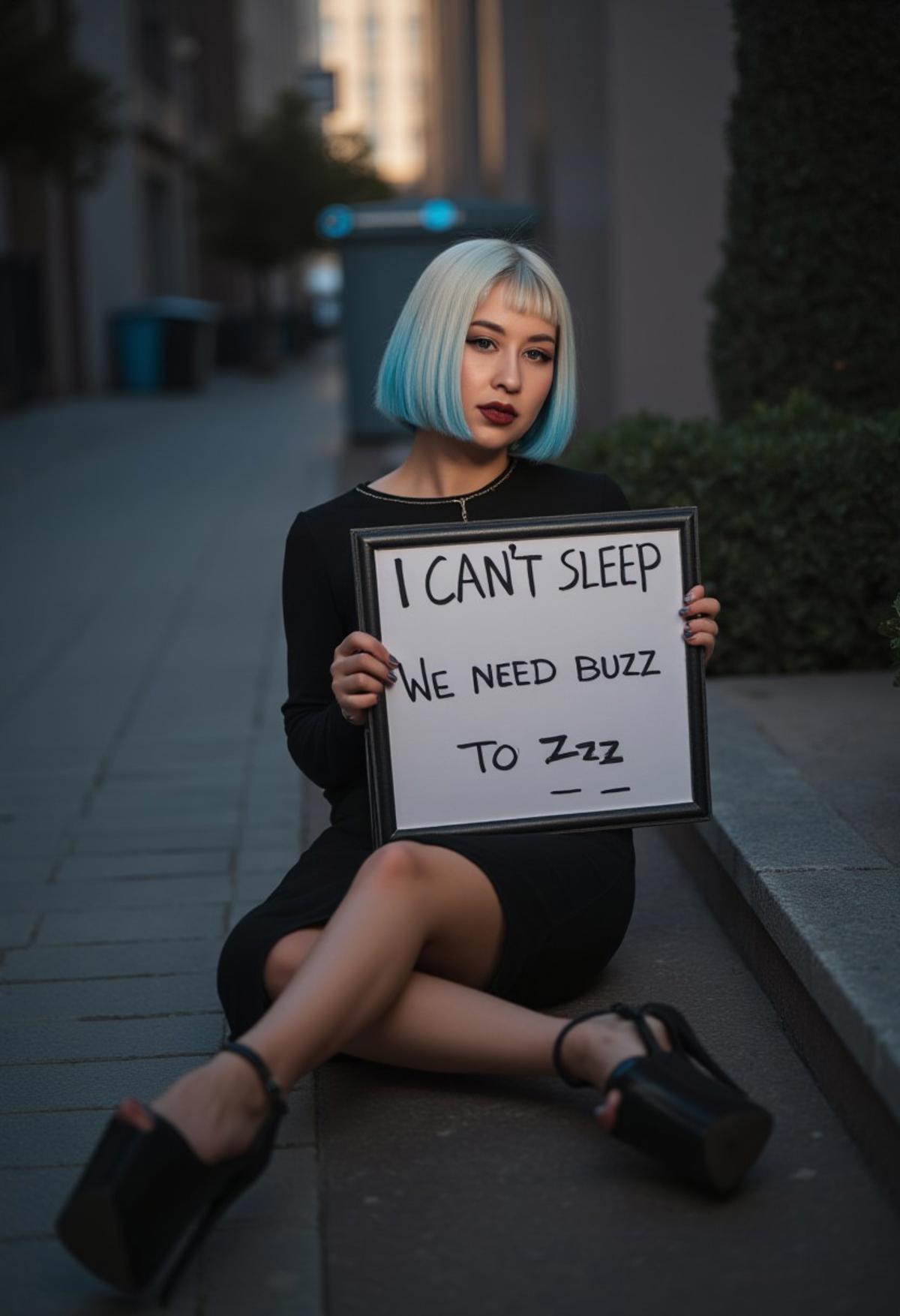 dark mood, cinematic film still (realistic), (photography), luxurious woman, (bobcut hair:1.3), cocktail microdress, platinum hair with blue highlights,  sitting in the street holding a sign with text "I CAN'T SLEEP, I NEED BUZZ TO ZZZ", , D4aniel,