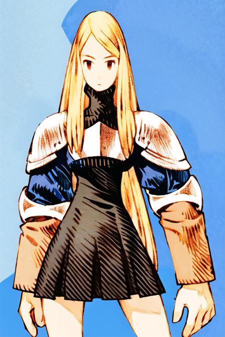 <lora:fftstyle_v1.8:0.8> 1girl, blonde hair, thigh gap, upper body, wide hips, knight, bare legs, witch, pleated dress