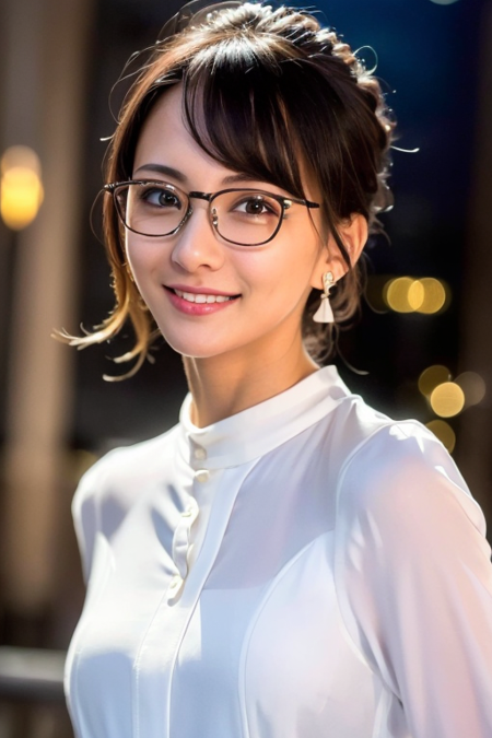 1girl,(wearing a white blouse:1.4),(RAW photo, best quality), (realistic, photo-realistic:1.4), masterpiece, an extremely delicate and beautiful, extremely detailed, 2k wallpaper, Amazing, finely detail, extremely detailed CG unity 8k wallpaper, ultra-detailed, highres, soft light, beautiful detailed girl, extremely detailed eyes and face, beautiful detailed nose, beautiful detailed eyes,cinematic lighting,city lights at night,perfect anatomy,slender body,(smiling),(wearing glasses)