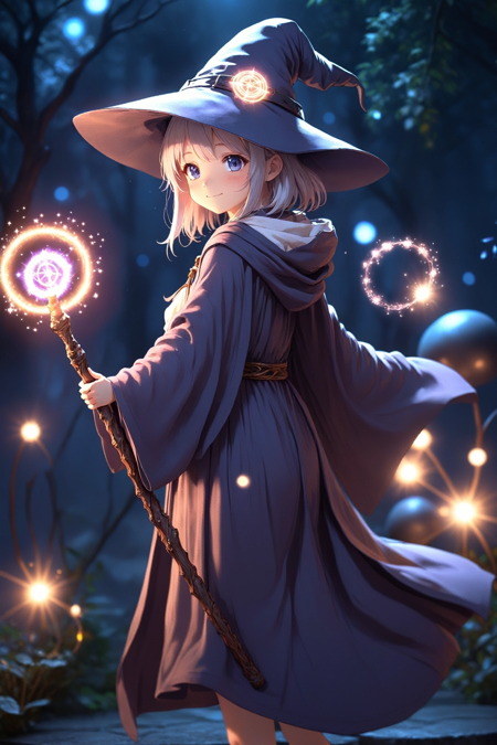 anime, girl, solo, wizard hat, robe, holding ancient staff, happy, magic circle, midnight, bloom, ambient occlusion, glowing lights, light particles, bokeh