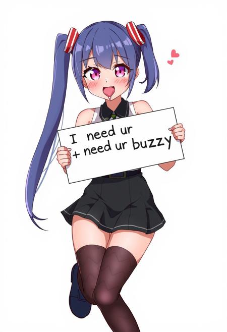 anime style, full body size, mature dva, dva, skirt, stocking, simple background, playful, (((wet tongue out))), drooling, heart shaped pupils, holding sign with a text "I need ur buzzy", funny pose
