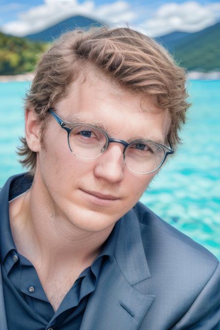 a young man in an dark blue suit, on a yacht, vacation photo, [smiling:0.8], island paradise in background, (close up, head shot), (raw, 8k, uhd, fujifilm xt3), sharp, highly detailed face, perfect day, <lora:paulDano:1>