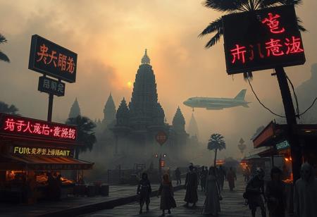dawn of a new world, ancient cambodian temple in the mist of a futuristic alien landscape. A large industrial looking freight carrying space transporter can be seen in the distance slowly exiting earths atmosphere. Neon signage in an Asian style alien script addorns billboars framing the ancient ruins. Promenades can be seen through the mist with food stalls starting to serve breakfast. Androids, various different species of Aliens and humans in ancient style m=futuristic clothing can be glimpsed going about their mornings.
