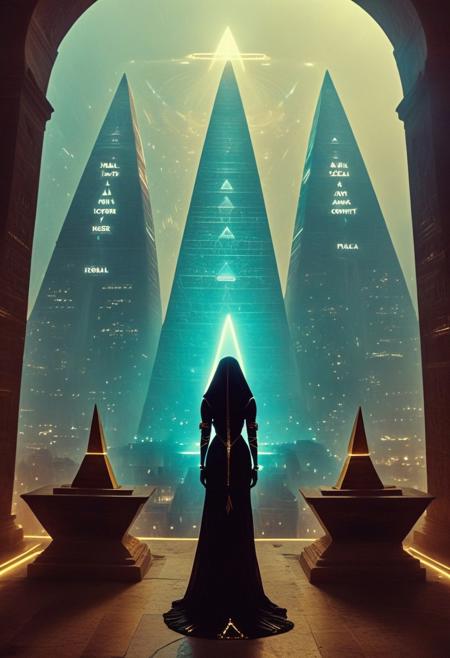 (flux-style)Hyoer Realistic:2.0)Polaroid picture 
an image of 
A regal black woman stands in her high-rise living room, holding the once-unknown Ark of the Covenant aloft. Below her panoramic view, Downtown Atlanta has been transformed into a breathtaking fusion of ancient Egypt and futuristic design. Golden pyramids with crystalline facades pierce the sky, their surfaces reflecting holographic hieroglyphs that pulse with energy. Hovering obelisks cast shimmering shadows over streets bustling with both traditional chariots and levitating vehicles. The air glows with an otherworldly light, illuminating her proud stance against this surreal backdrop. Every detail—from the intricate carvings on the Ark to the sleek lines of futuristic architecture—is rendered lifelike yet hyper-advanced, blending history and technology seamlessly.
BREAK High Evening, metropolis, (Cyberpunk future theme, tall energy towers :2.17
