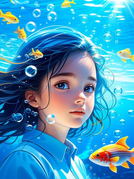 abstract background,(illustration:1),masterpiece,best quality,detailed face and eyes,1 girl,underwater hair physics,air bubbles,light coming through water,reflections,laying in water,split layers of water,school of fish,beauty,