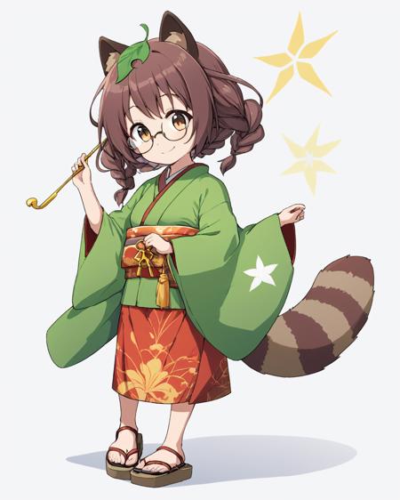 futatsuiwa mamizou,1girl, raccoon_tail, solo, glasses, kimono, twin_braids, sandals, smile, leaf_on_head, adjusting_eyewear, white_background, simple_background
<lora:futatsuiwa_mamizou_image2346_2023-12-20-000010:1>,star-shaped_pupils,symbol-shaped_pupils,. gorgeous,key visual, vibrant, studio anime,award-winning, professional, highly detailed,high budget, cinemascope